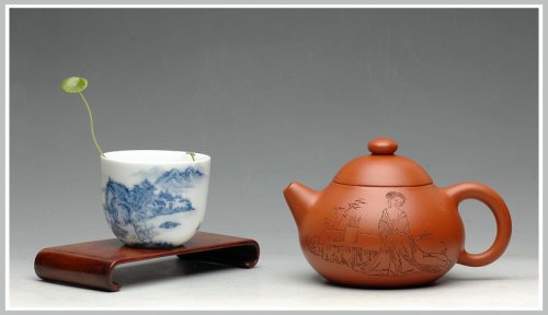 盛益明紫砂壶 有美共赏 琴韵书声 全手拙.意文旦 张听钢老师精品仕女 原矿朱泥