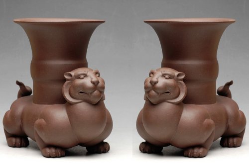 王健紫砂壶 龙生九子 之貔貅樽  单 辟邪花瓶 笔筒 原矿紫泥