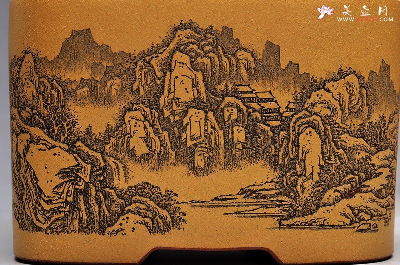 紫砂壶图片：清雅 古色山水 通景 精品四方水洗 - 美壶网