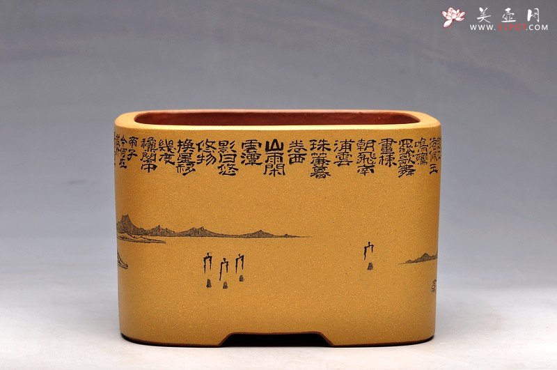 紫砂壶图片：清雅 古色山水 通景 精品四方水洗 - 美壶网