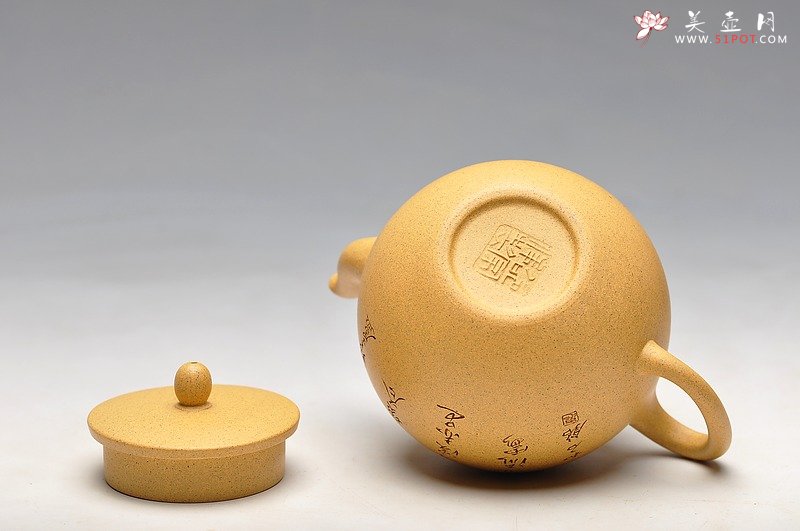 紫砂壶图片：线条流畅 挺拔优雅 全手迎春 国助和石装饰 - 美壶网