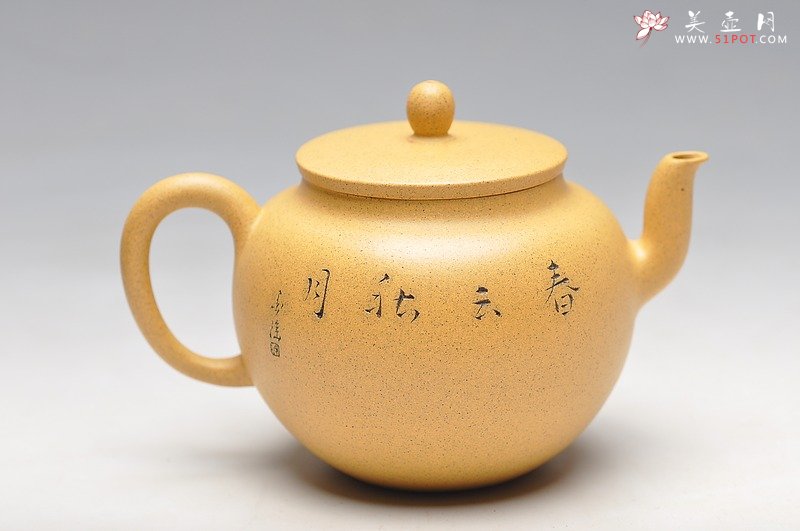 紫砂壶图片：线条流畅 挺拔优雅 全手迎春 墨陶装饰王翔鸟 - 美壶网