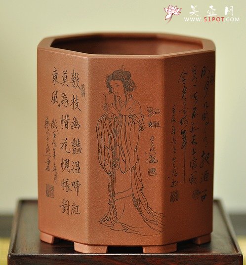 紫砂壶图片：张云熙之精品八方笔筒 四大美女 已收藏，只供欣赏 - 美壶网