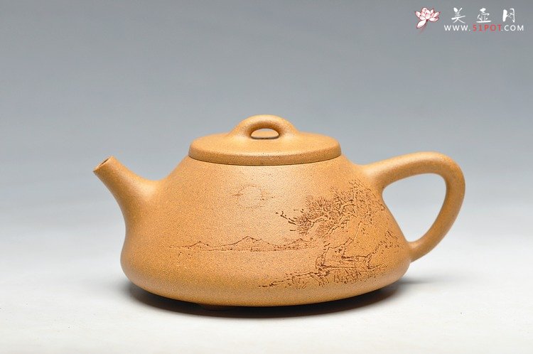 紫砂壶图片：李彦雄装饰山水 无限风光在险峰之全手子冶石瓢  淡雅 - 美壶网