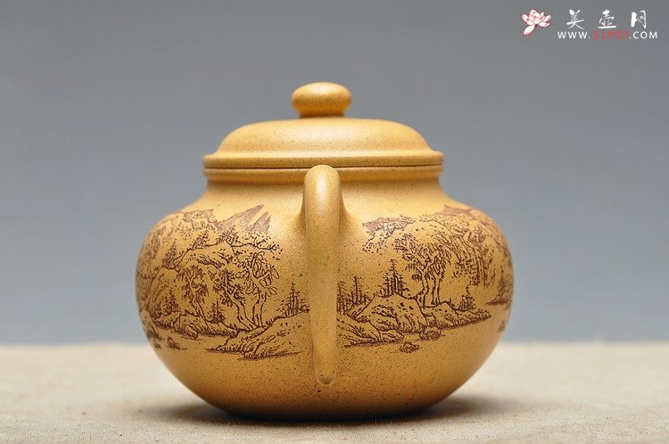 紫砂壶图片：古朴经典 儒雅得体 通景山水 莲子 - 美壶网