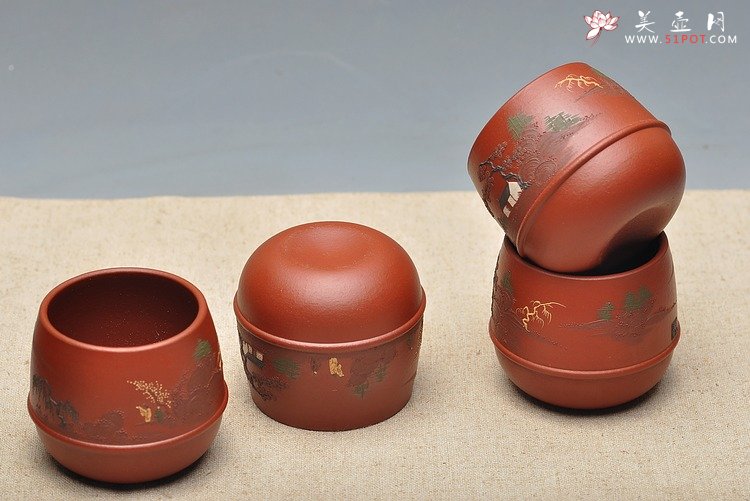 紫砂壶图片：品茗杯套组  泥绘精品 朱泥 - 美壶网