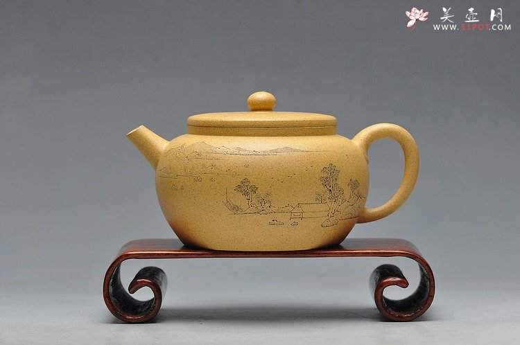 紫砂壶图片：墨陶装饰  王翔山水  全手古柿 淡雅得趣 - 美壶网