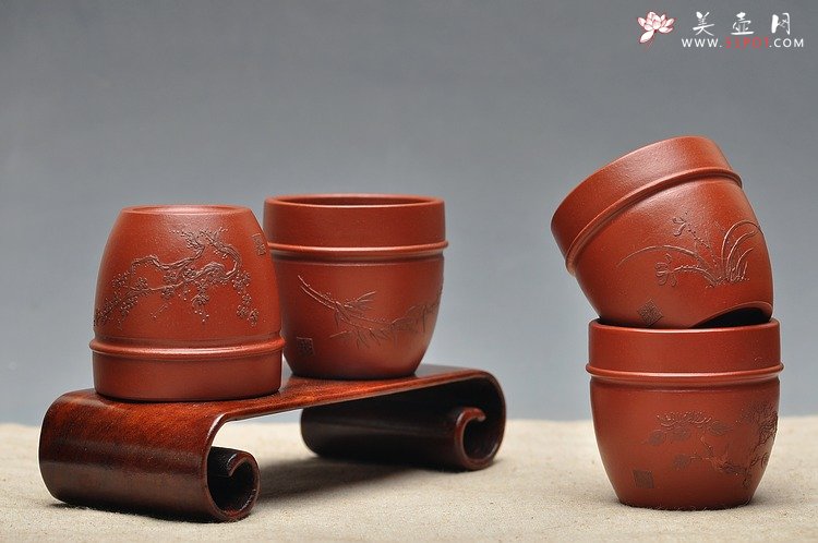 紫砂壶图片：品茗杯套组  泥绘精品 朱泥 - 美壶网