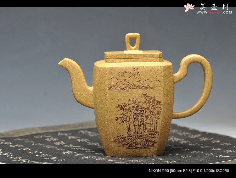 紫砂壶图片：全手镶片 高八方 老味十足 刻绘老辣 - 美壶网