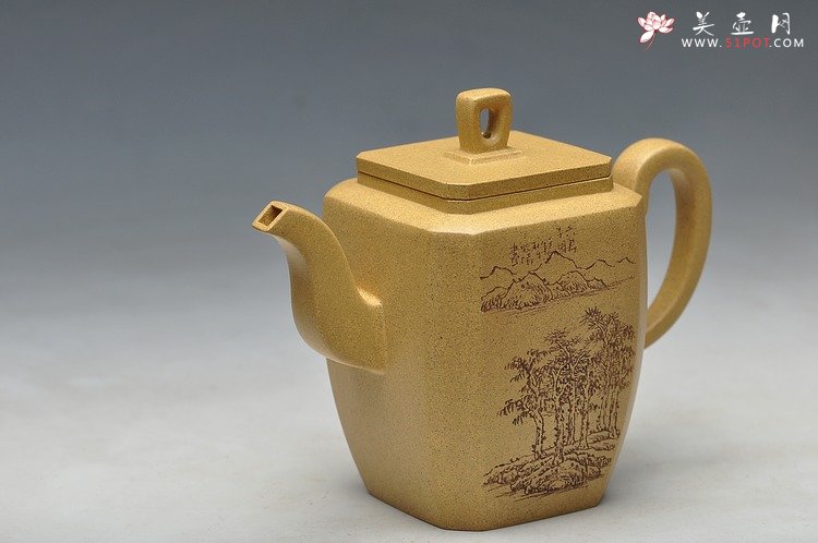 紫砂壶图片：全手镶片 高八方 老味十足 刻绘老辣 - 美壶网