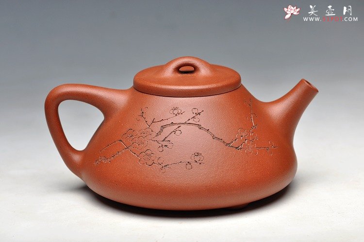 紫砂壶图片：顾瓢 国助和石通转刻梅 摹古精品子冶石瓢 - 美壶网