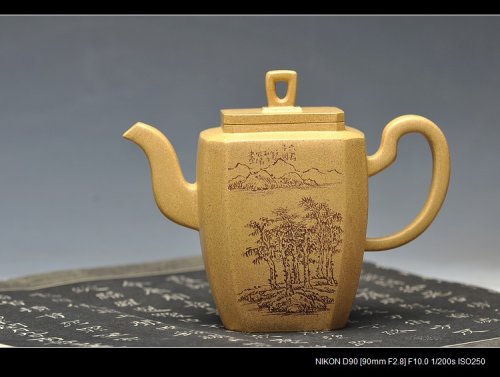 朱牧清紫砂壶 全手镶片 高八方 老味十足 刻绘老辣 本山绿泥