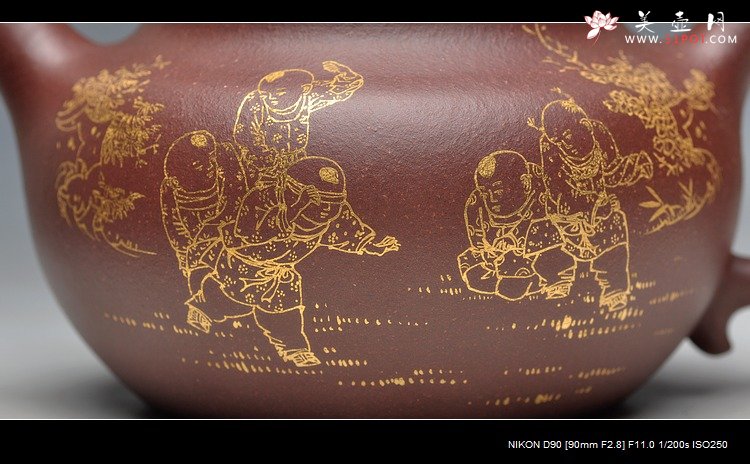 紫砂壶图片：描金装饰 饱满大气  全手大莲子 大品适合茶会 - 美壶网