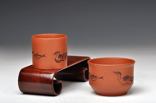 朱牧清紫砂壶 田园情趣 对杯 1大1小 优质降坡泥 原矿降坡泥