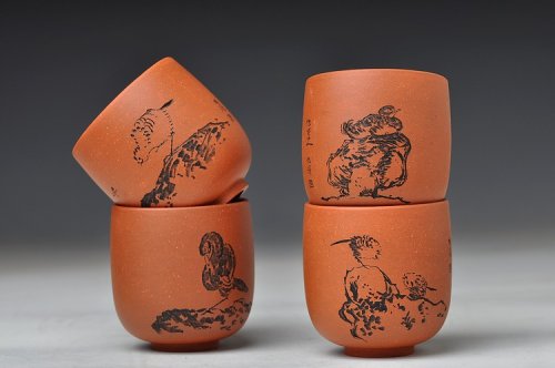 朱牧清紫砂壶 八大风格之 高温小红泥圆亭杯8个 原矿红泥