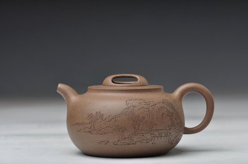 邵家俊紫砂壶 国助和石装饰王翔风格 通景山水 玉成窑风格 全手归隐 青灰泥