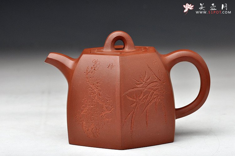 紫砂壶图片：史金妹经典代表作 全手秤砣六方 国大师李昌鸿即兴装饰 - 美壶网