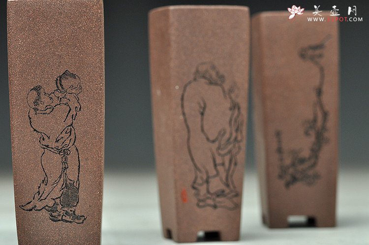 紫砂壶图片：精致小四方签筒 全手制作 刻绘漂亮 - 美壶网