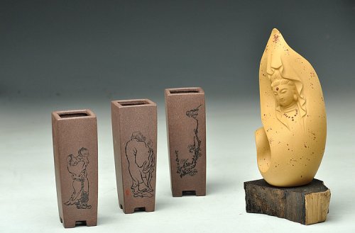 朱牧清紫砂壶 精致小四方签筒 全手制作 刻绘漂亮 青灰泥