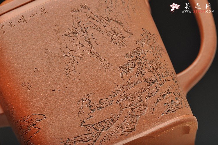 紫砂壶图片：何卫枫新作 全手四方云泉 端庄妍丽 通景山水 - 美壶网