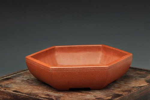 张秋平紫砂壶 张秋平全手六方花盆 回纹装饰 原矿清水泥