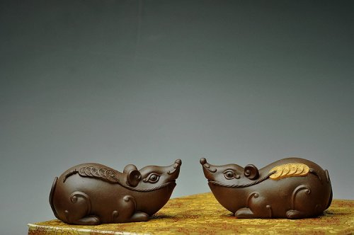 美壶定制紫砂壶 一对金钱鼠 造型卡通可爱 原矿紫泥