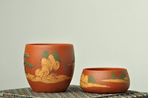 美壶定制紫砂壶 泥绘通景山水 老朱泥对杯 相映得趣 原矿朱泥