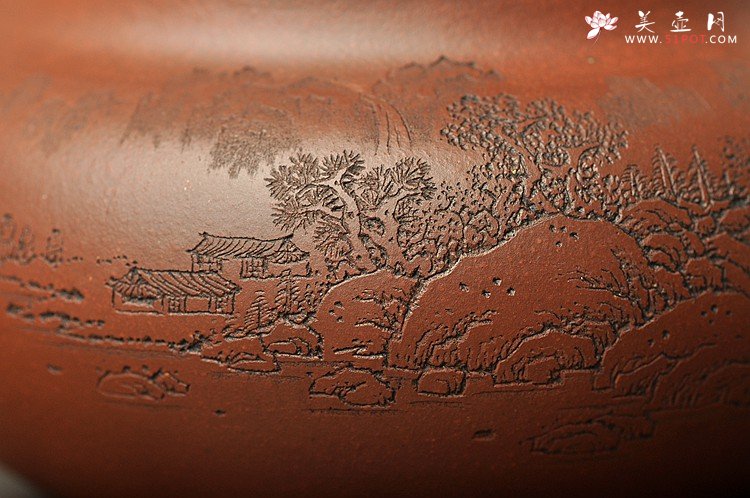 紫砂壶图片：通景山水 俯仰自得 稳重大气 冬游之大仿古 - 美壶网