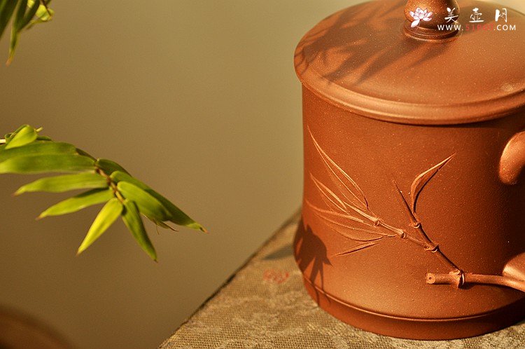 紫砂壶图片：美壶特惠 黄龙山原矿青水泥 高温竹节盖杯 - 美壶网