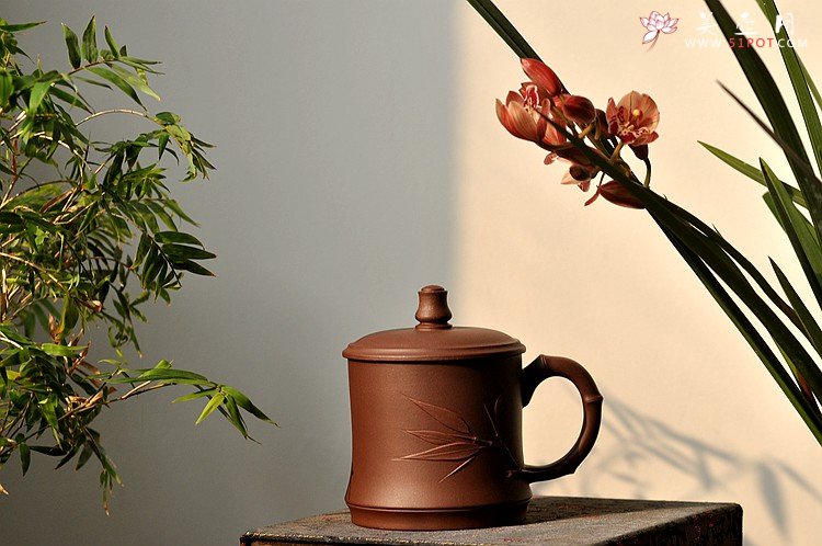 紫砂壶图片：美壶特惠 黄龙山原矿青水泥 高温竹节盖杯 - 美壶网