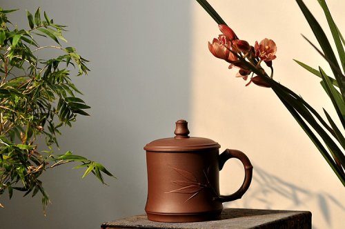 美壶定制紫砂壶 美壶特惠 黄龙山原矿青水泥 高温竹节盖杯 原矿清水泥