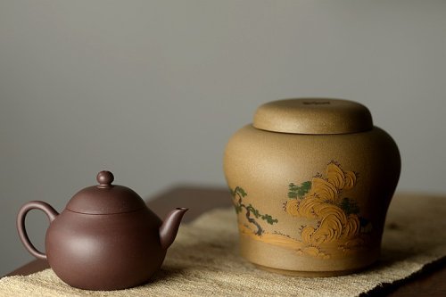 美壶定制紫砂壶 美壶定制 泥绘通景山水茶叶罐  古朴典雅  原矿段泥