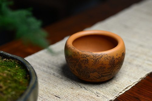 李彦雄紫砂壶 精刻山水之钵 笔洗 把玩精品 有宋朝高远之气~ 黄金段