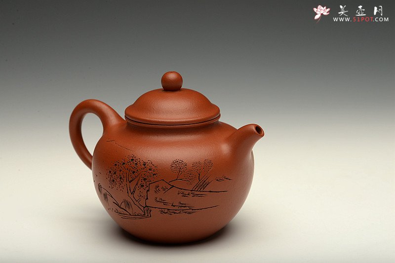 紫砂壶图片：俊秀飘逸 线条优美 摹古朱泥秋水 刀法精炼 - 美壶网