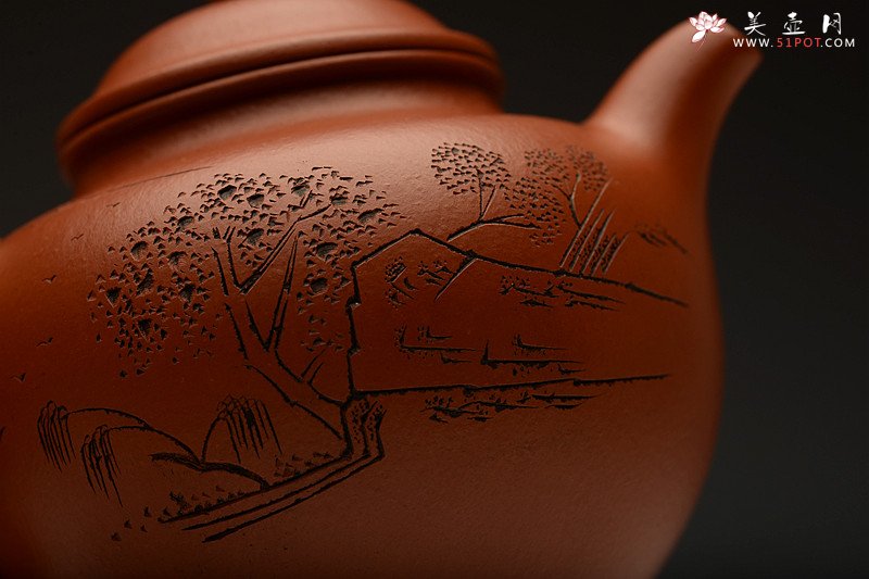 紫砂壶图片：俊秀飘逸 线条优美 摹古朱泥秋水 刀法精炼 - 美壶网