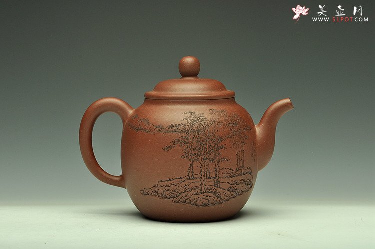 紫砂壶图片：造型简洁大方  刻绘生动逼真  全手明泉  - 美壶网