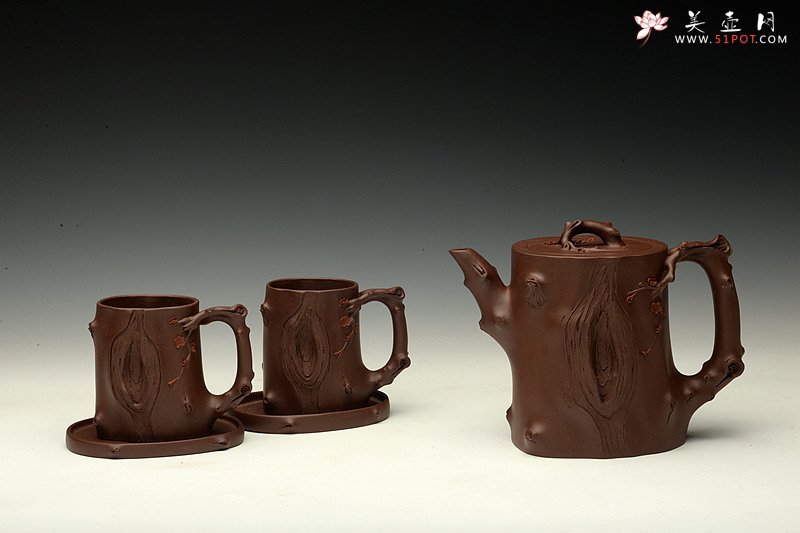 紫砂壶图片：单志萍甲午力作 铮铮铁骨 全手精品 傲雪红梅套组 挺拔俊秀 - 美壶网