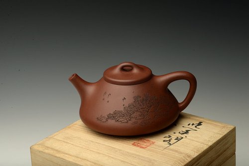 李彦雄紫砂壶 通景山水之子冶石瓢 且品一壶山水 原矿清水泥