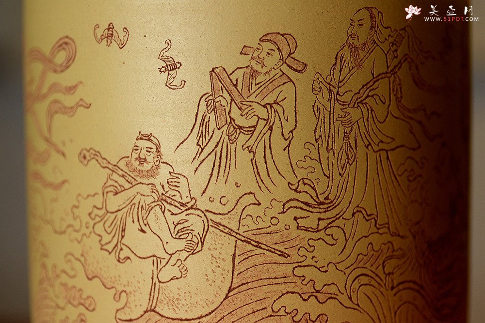 紫砂壶图片：八仙过海 各显神通 张听刚笔筒 刀法精到细腻  - 美壶网