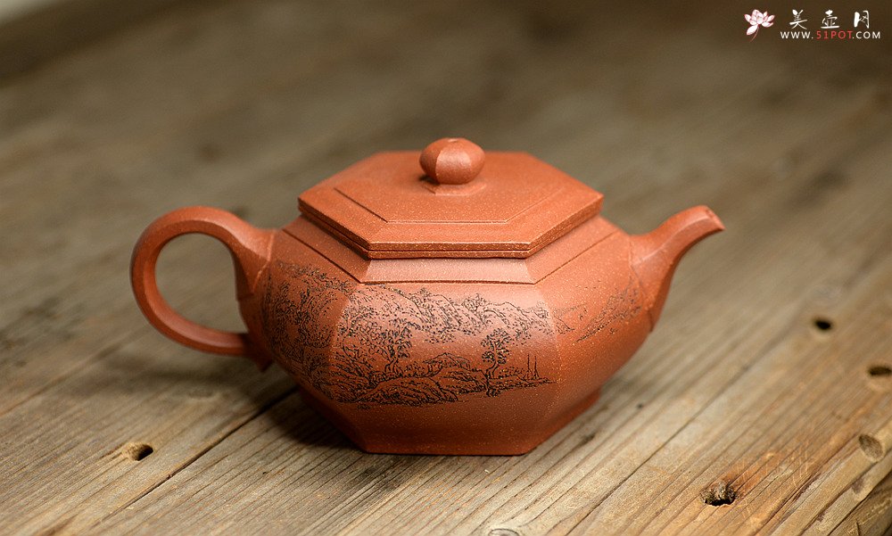 紫砂壶图片：朱牧清大品 通景山水之大彬六方 线条流畅  棱角分明 - 美壶网