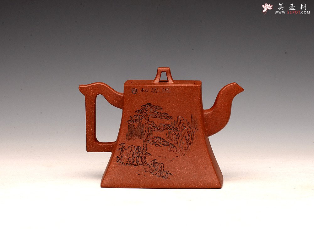 紫砂壶图片：强强联合 陈宏林装饰 苍劲刀法  降坡泥 全手方鈡 - 美壶网