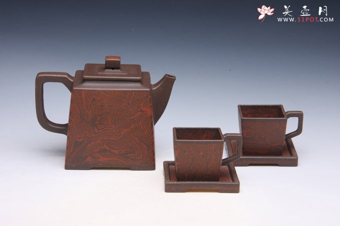 紫砂壶图片：绞泥方韵五件套 - 美壶网
