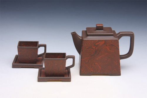 曹奇敏紫砂壶 绞泥方韵五件套 原矿紫泥