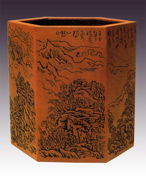 毛国强紫砂壶 六方通转笔筒 