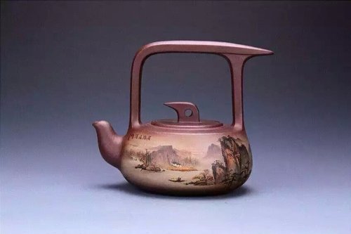 何光宏紫砂壶 山水祥鸽提梁 原矿紫泥
