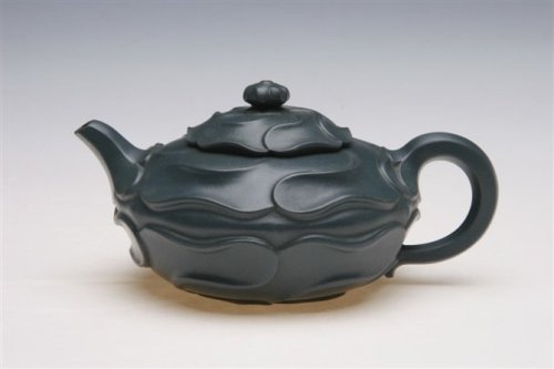 陈洪平紫砂壶 绿泥翻盖风卷葵 原矿墨绿泥