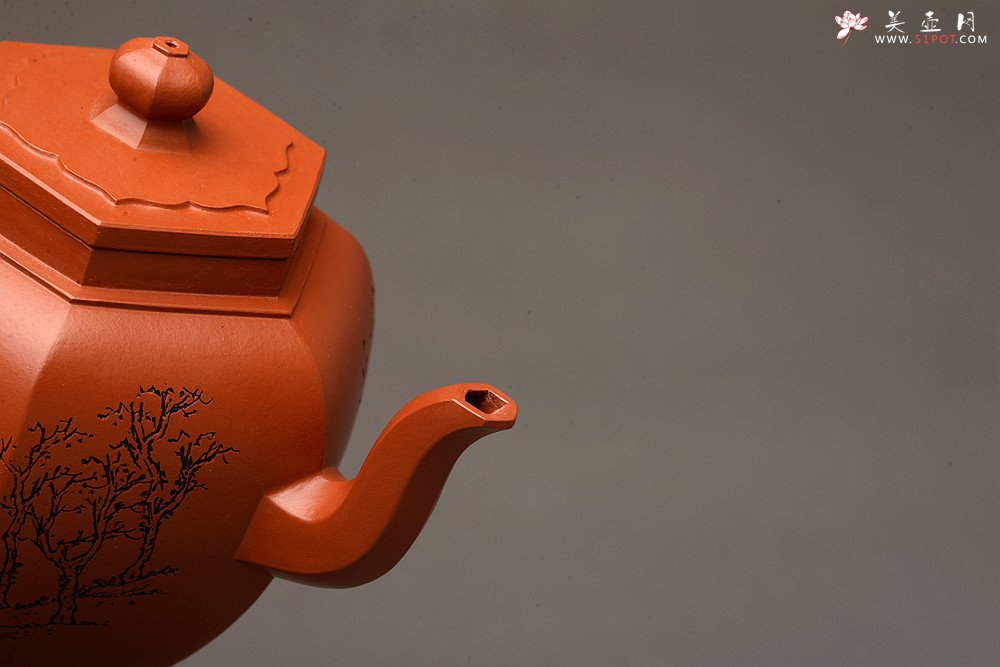 紫砂壶图片：优质朱泥 刻绘老味 全手镶片 六方宫灯 挺拔俊秀  - 美壶网