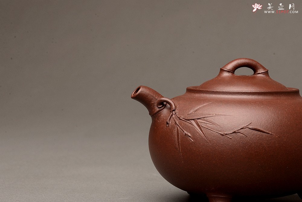 紫砂壶图片：钱佳欣全手作品 稳重大气 贴叶飘逸 全手润竹 - 美壶网