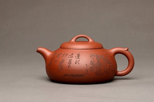 张听钢紫砂壶 刘海戏金蟾 张听刚精心装饰 文气之作 过桥扁腹 原矿清水泥