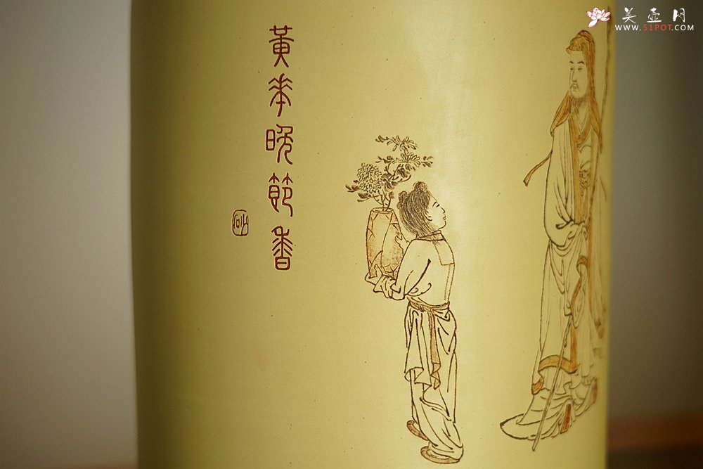 紫砂壶图片：张听刚笔筒 高士赏菊图 以刀代笔 行云流水 老辣精炼 - 美壶网